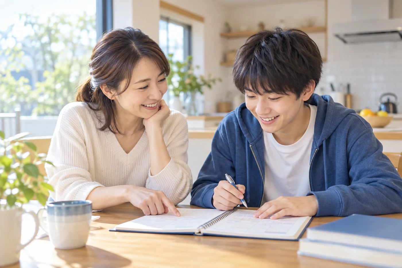 学習ノートを見ながら相談する親子