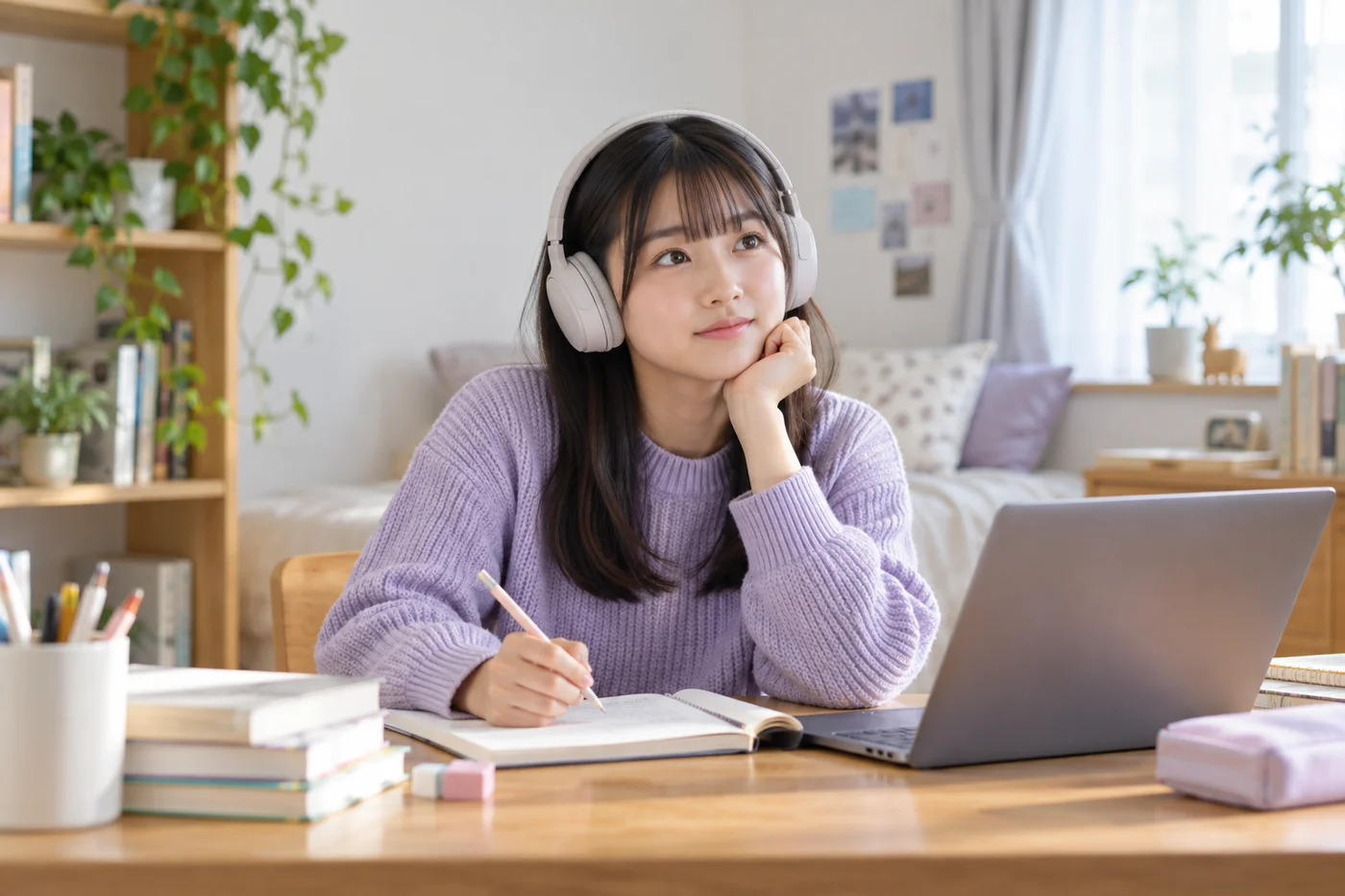 自宅でヘッドホンを使って学ぶ生徒