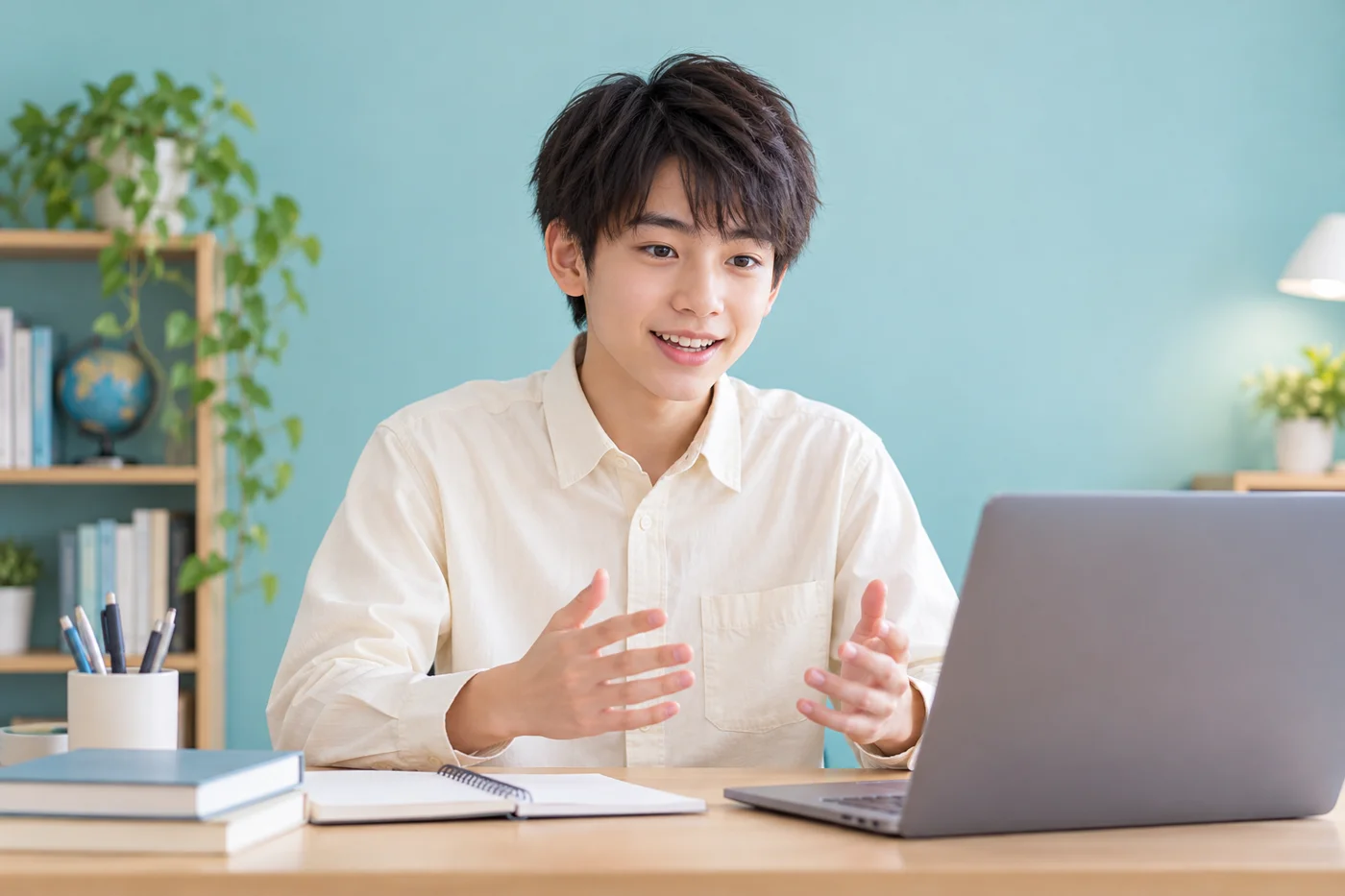 オンラインで面接の受け答えを練習する生徒