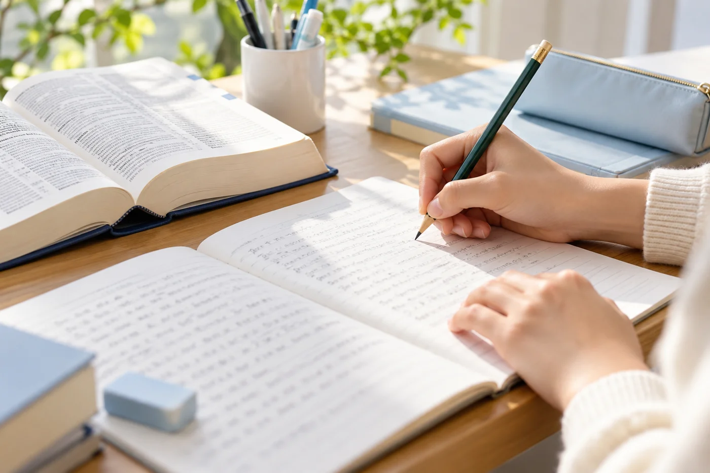 ノートに英作文を書いて練習する手元