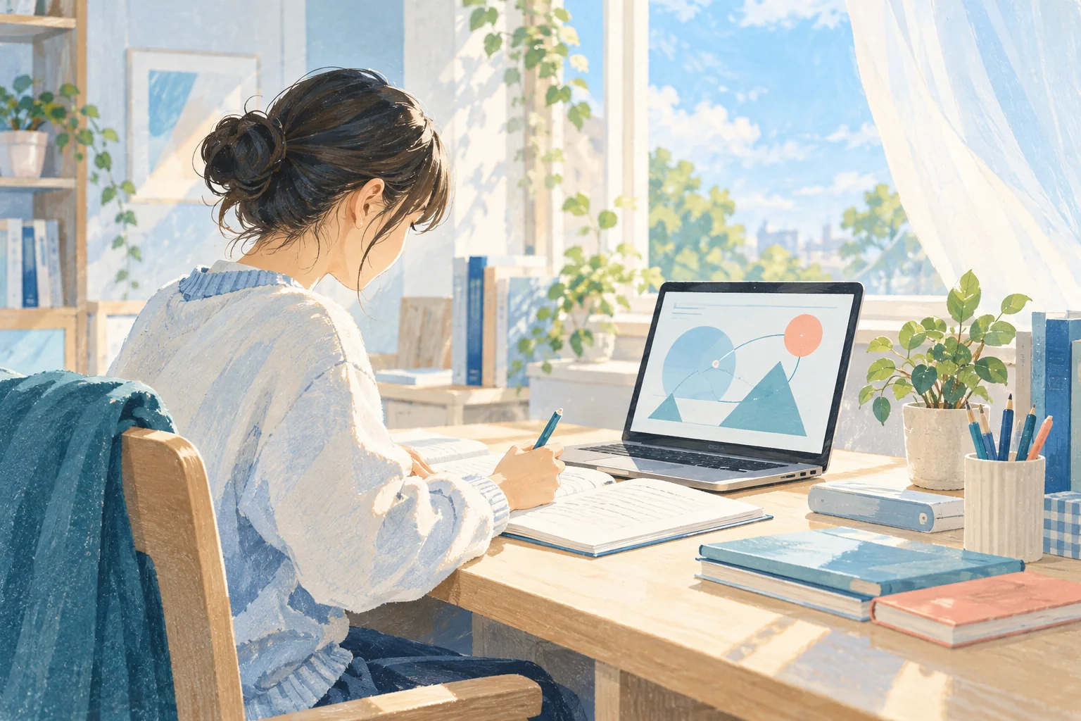 明るい自宅の机で、パソコンとノートを使い自分のペースで学ぶ生徒のイラスト
